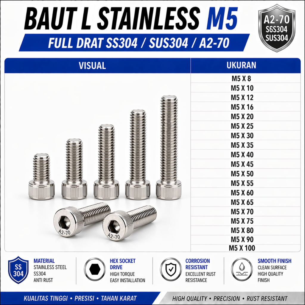 Baut L Stainless M5X45 / 5X45 / M5 X 45 / 5 X 45 Full Drat SS304 / SUS304 / A2-70