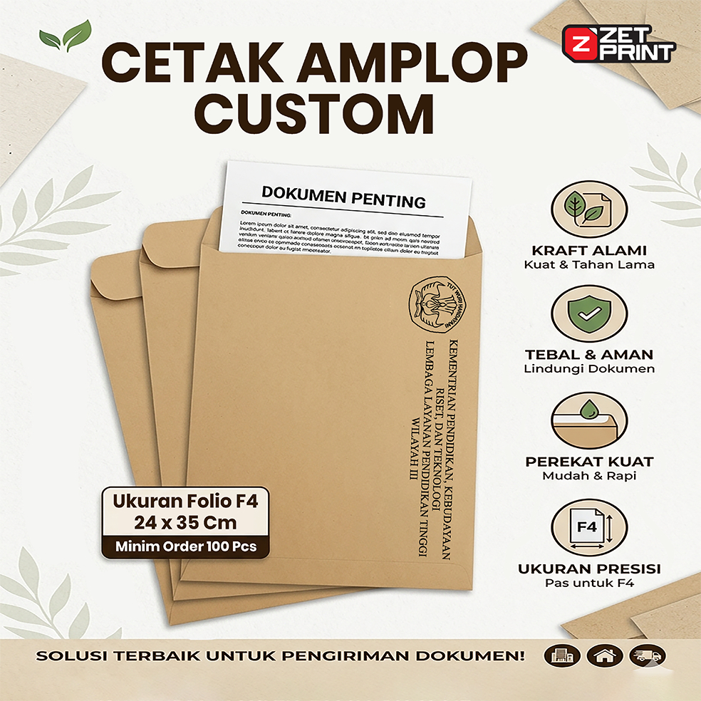 Cetak Amplop Coklat Custom Design - Ukuran F4/A4/Folio - Branding Logo Instansi/Perusahaan
