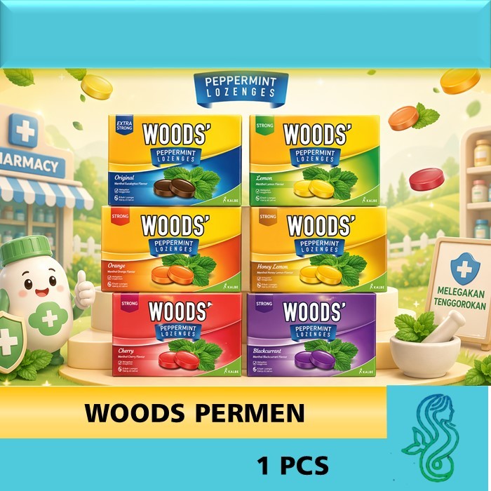 1 SACHET PERMEN WOODS PEPPERMINT LOZENGES ISI 6 PERMEN WOOD BATUK WOODS LOZENGES CANDY