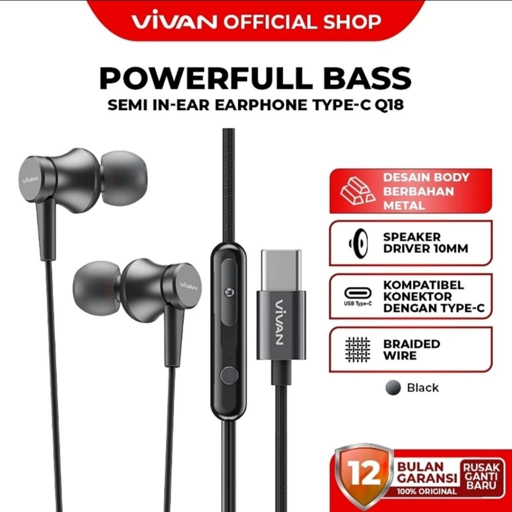 headset earphone Vivan Q18 type c headset vivan type-c