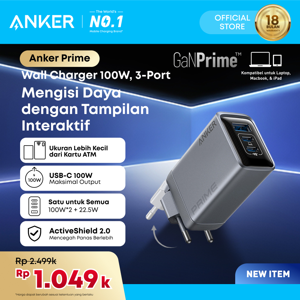 Anker GaN Prime Charger 100W with USB-C Charger 3 Port GaN Wall Charger Fast Charging - A2688