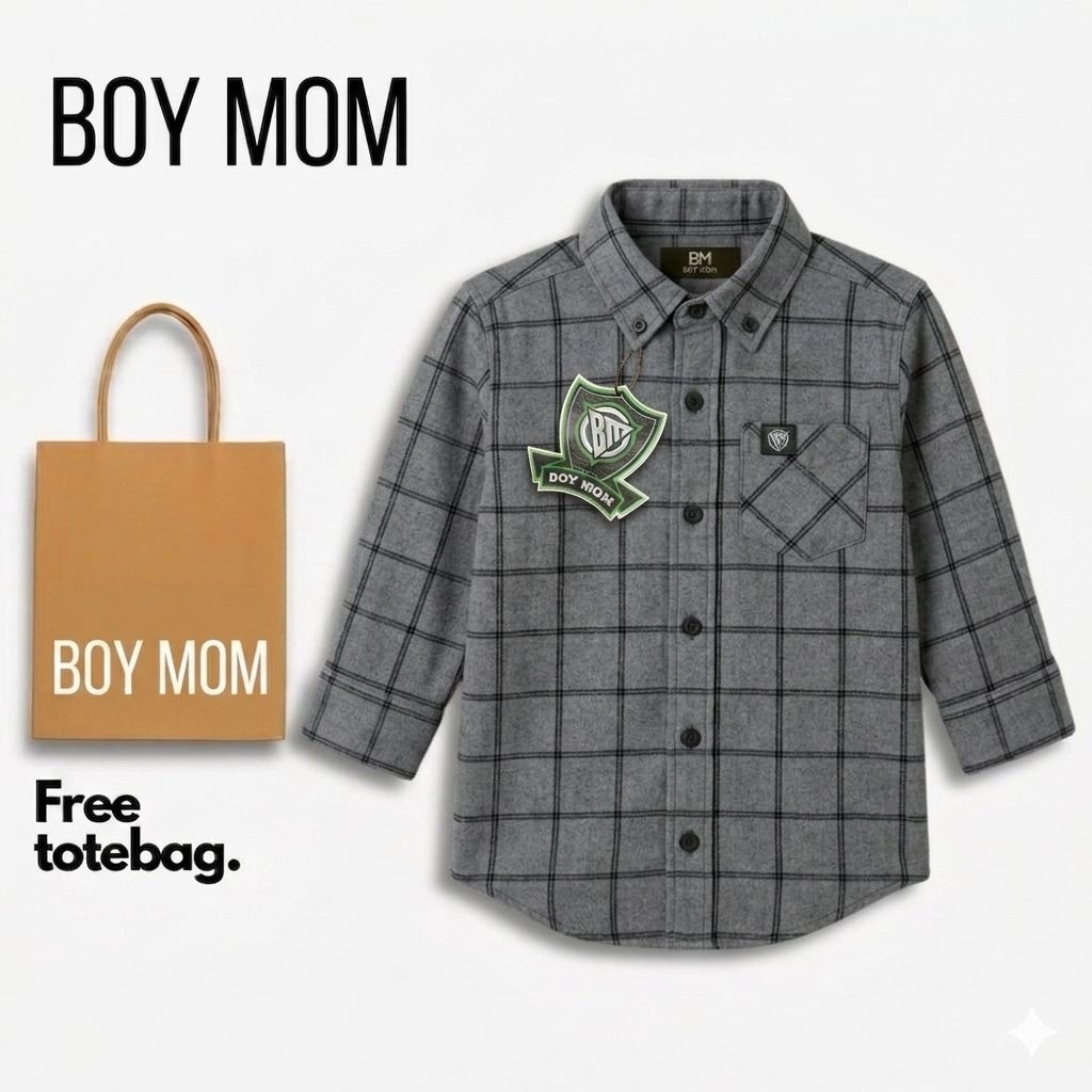 BOYMOM Kemeja Flanel Anak Free Totebag Kemeja Flanel Abu Garis 2 Hitam