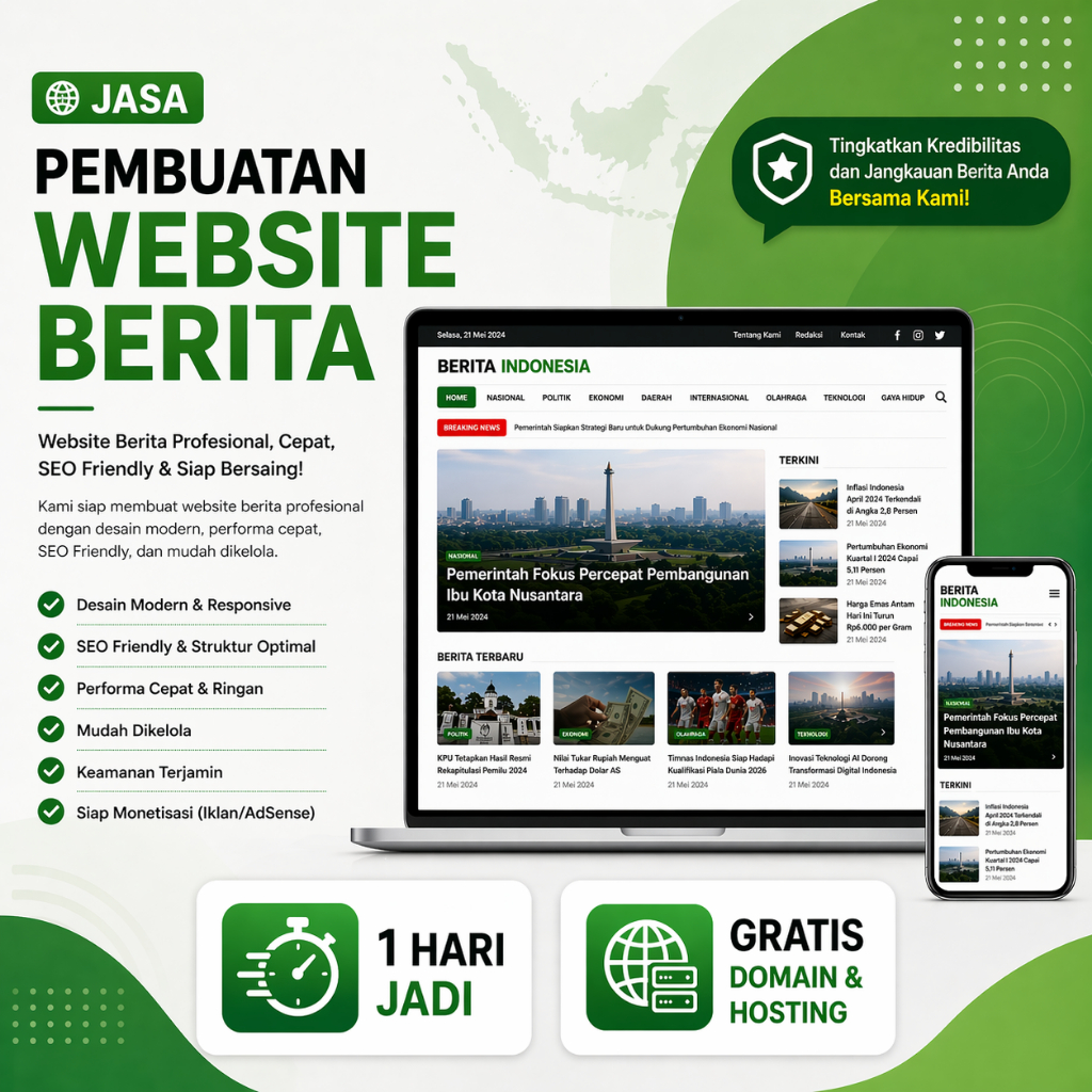 Website Berita - Gratis Domain & Hosting - 1 Hari Jadi - Web Berita - Web Portal - Jasa Buat Web Ber