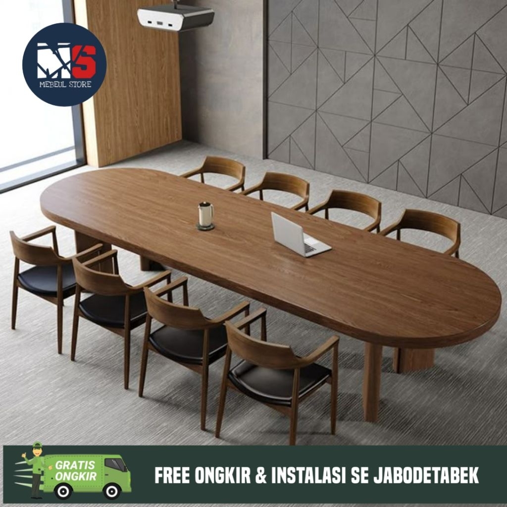 meja meeting oval mahoni - meja oval 260 × 100 cm - meja rapat oval kayu mahoni