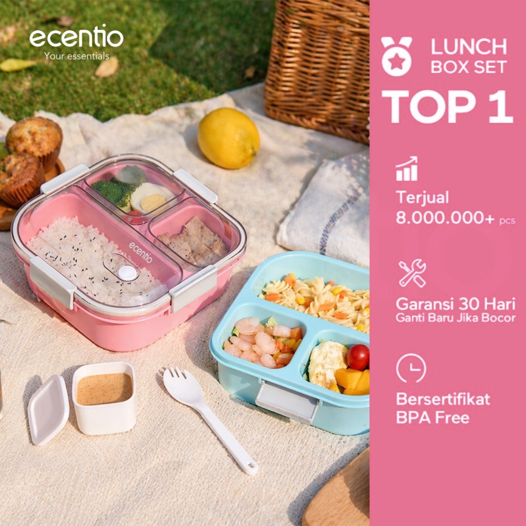 [PP 5] ecentio lunch box kotak bekal anti tumpah 3 grid 1100ml /850ml Kotak makan wadah bekal anti t