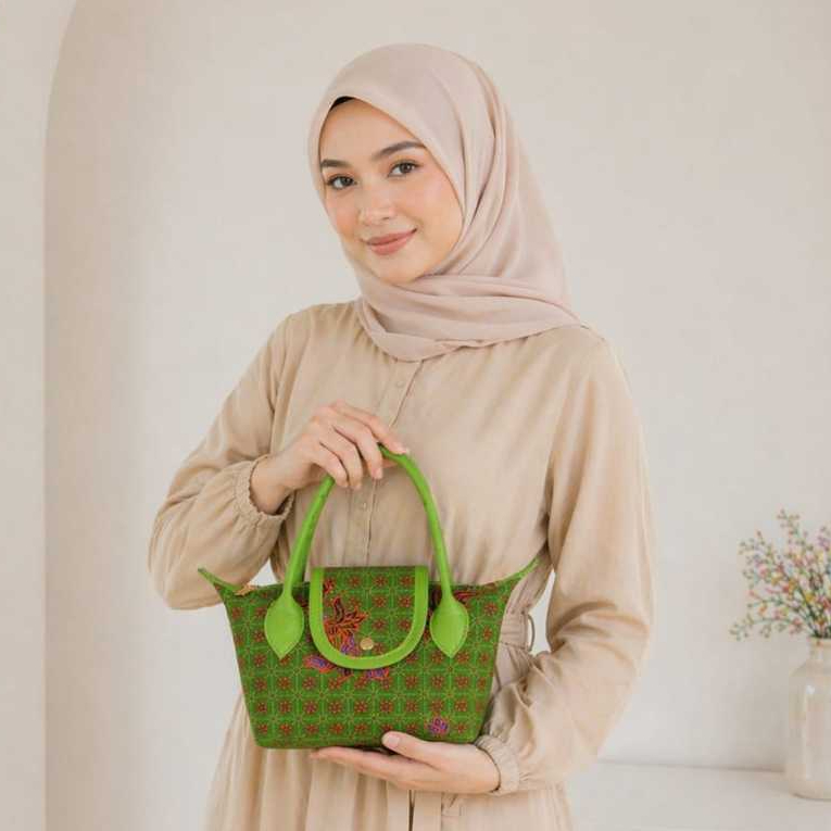 Tas Pengajian Muslimat NU Motif Batik Hijau Elegan | Tas Handle Wanita + Tali Panjang Serbaguna