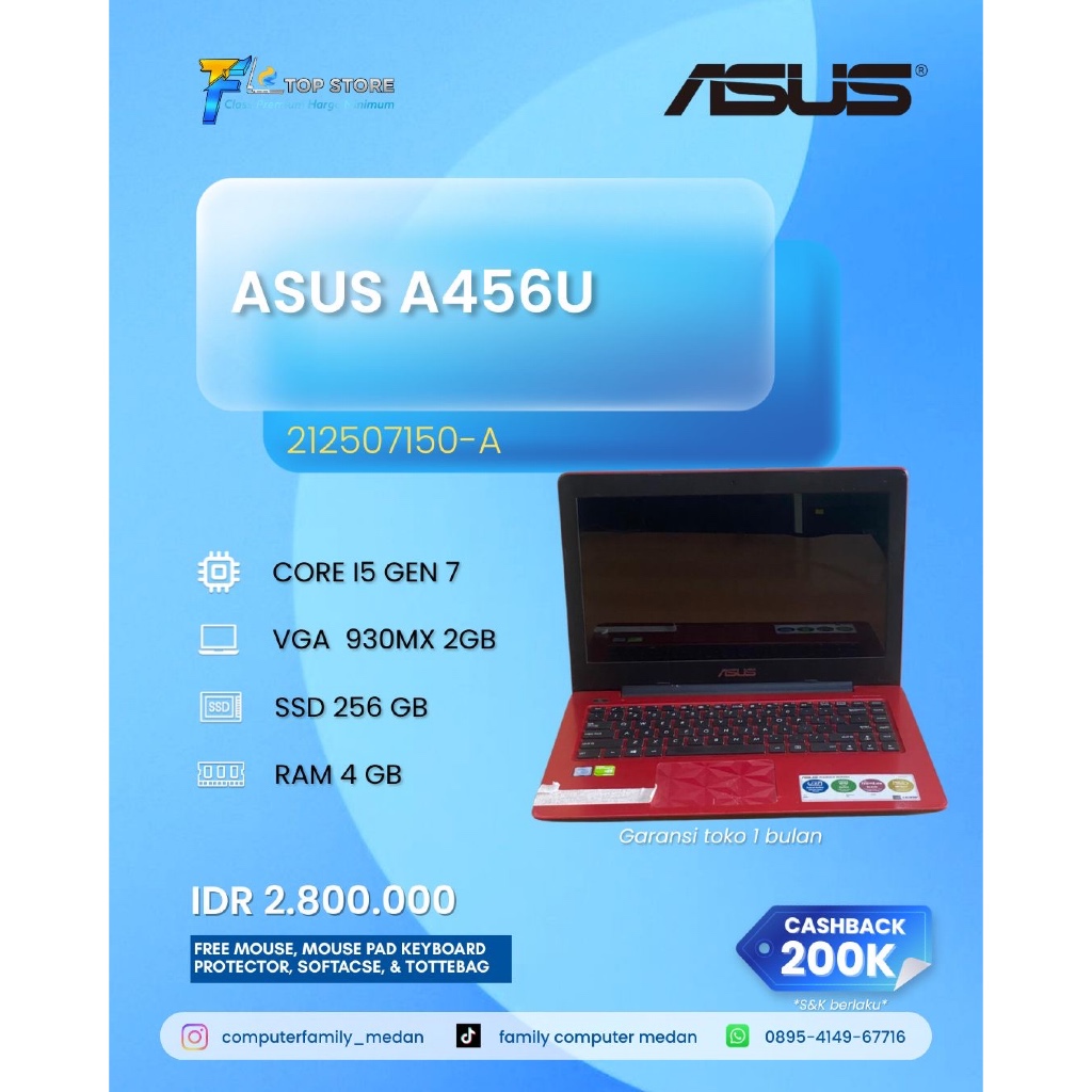 LAPTOP ASUS A456U INTEL CORE I5 GEN 7 RAM 4GB SSD 256 GB NVIDIA 930MX 2GB