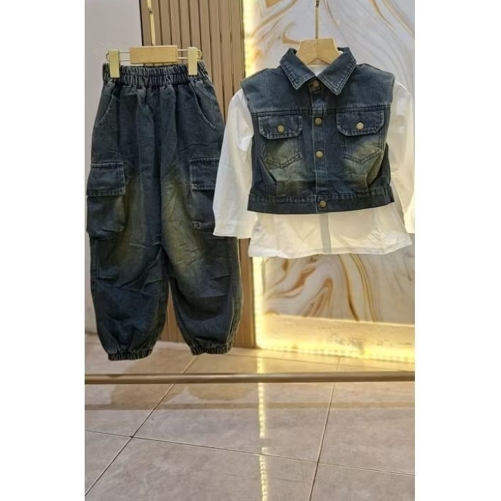 Setelan 3in1 kemeja rompi jeans anak perempuan