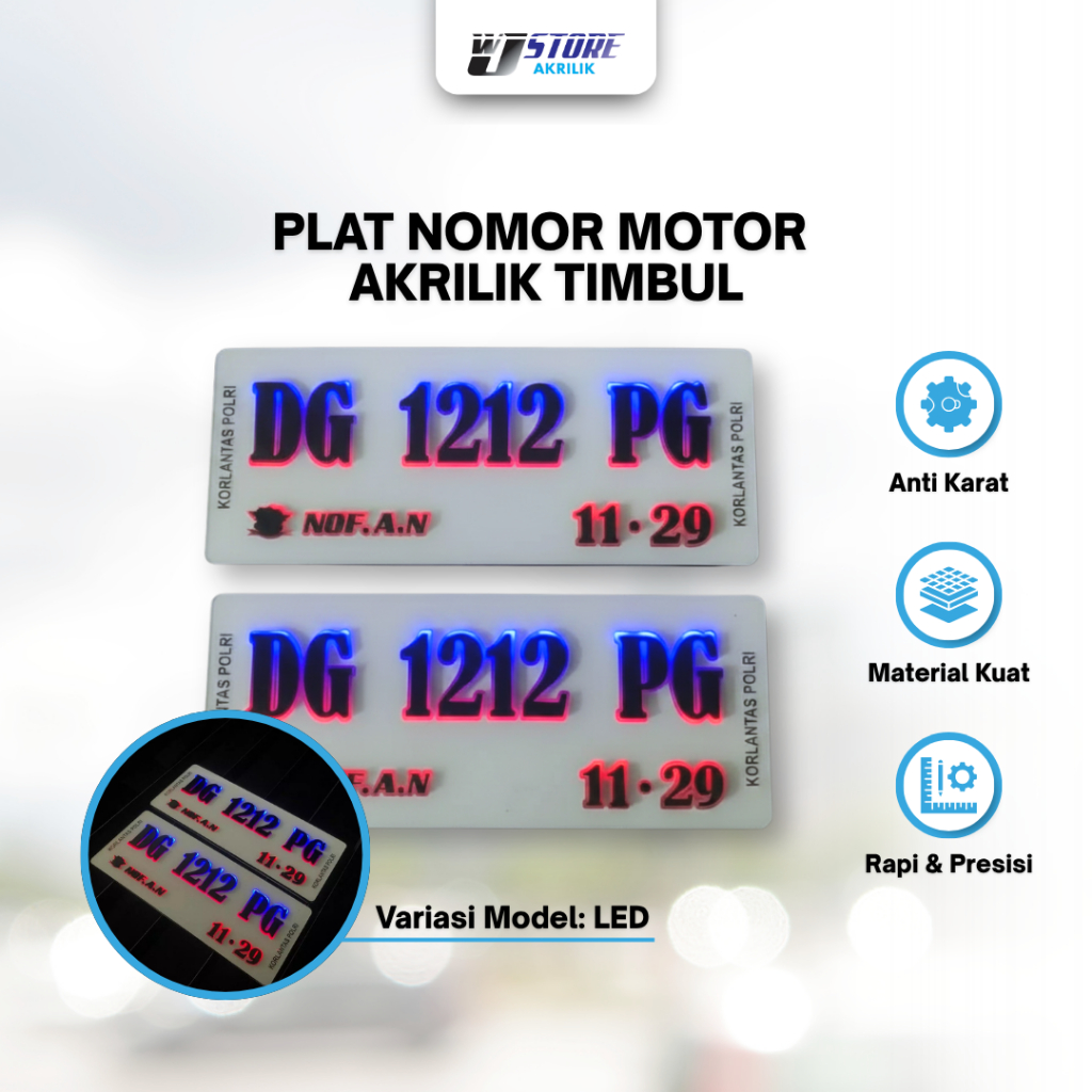 Plat Nomor Motor Akrilik Timbul Led Custom Baut Tanam Keren Murah / Plat Nomor Akrilik