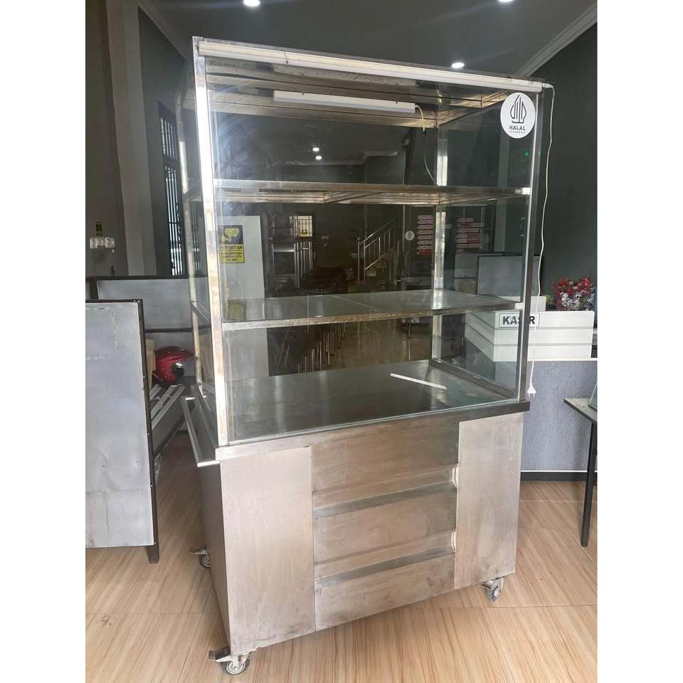 Etalase Steling Kaca Stainless Steel Rak Jualan Makanan Minuman Mie Bakso Ayam Penyet Geprek Goreng 