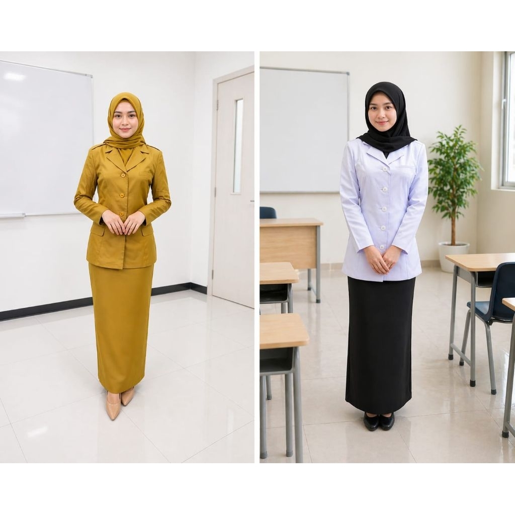 Baju Seragam ASN PNS Wanita Pemda Hitam Putih Kantong 3 Set Rok Span Celana Ready Size S M L XL 2L 3