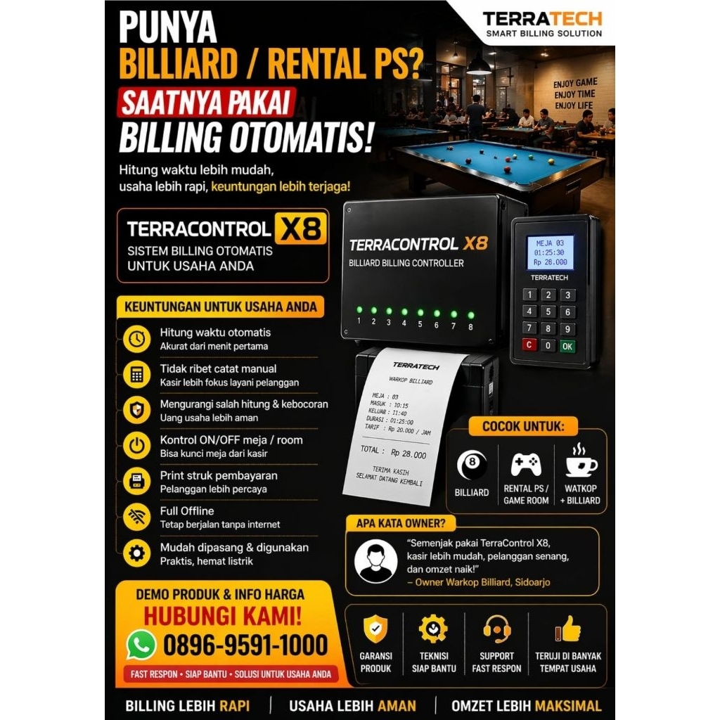 Billing Billiard Otomatis TerraControl X8 Standalone 8Meja