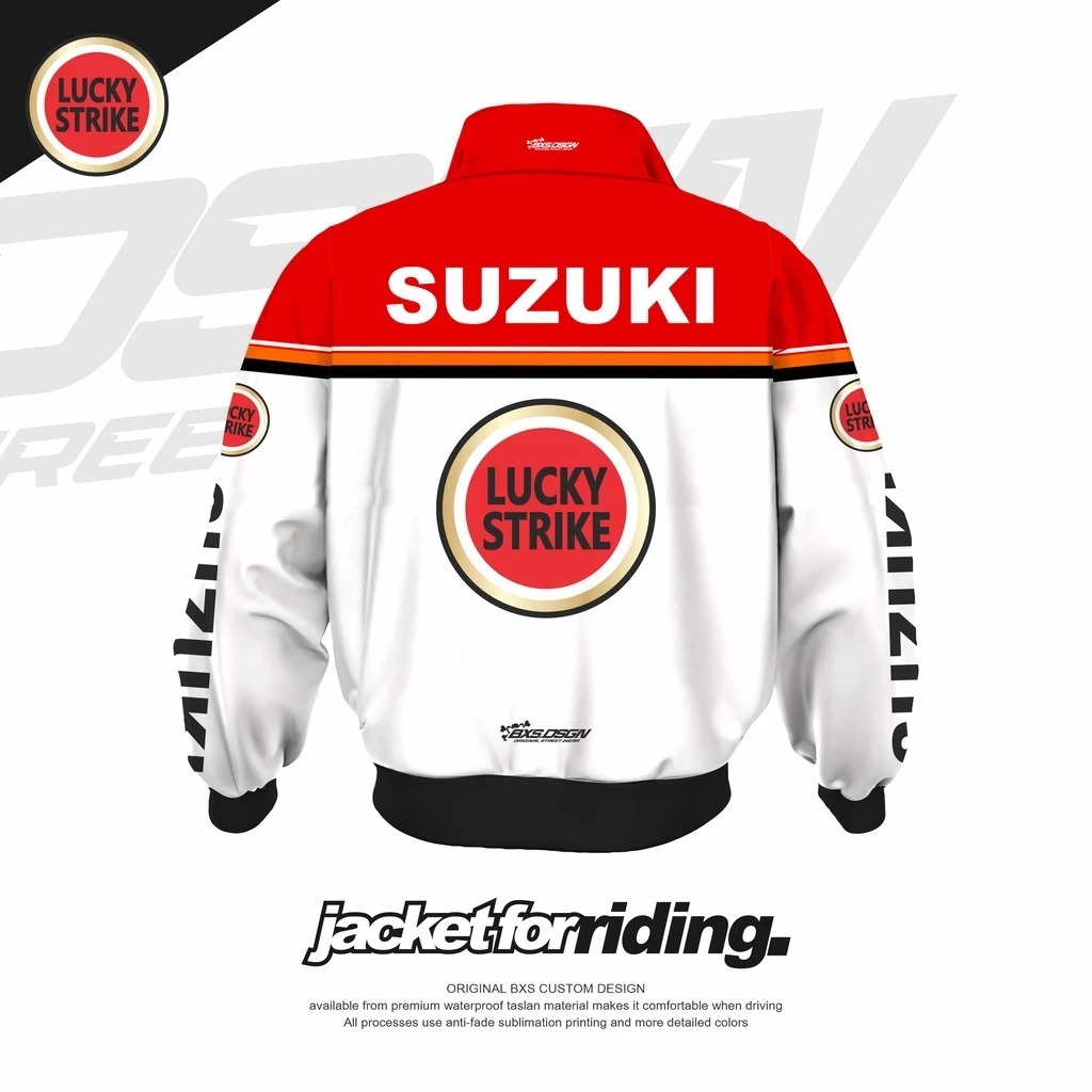 JAKET SUZUKI VINTAGE LUCKY STRIKE JACKET RIDING TOURING SUNMORI BAHAN LOTTO