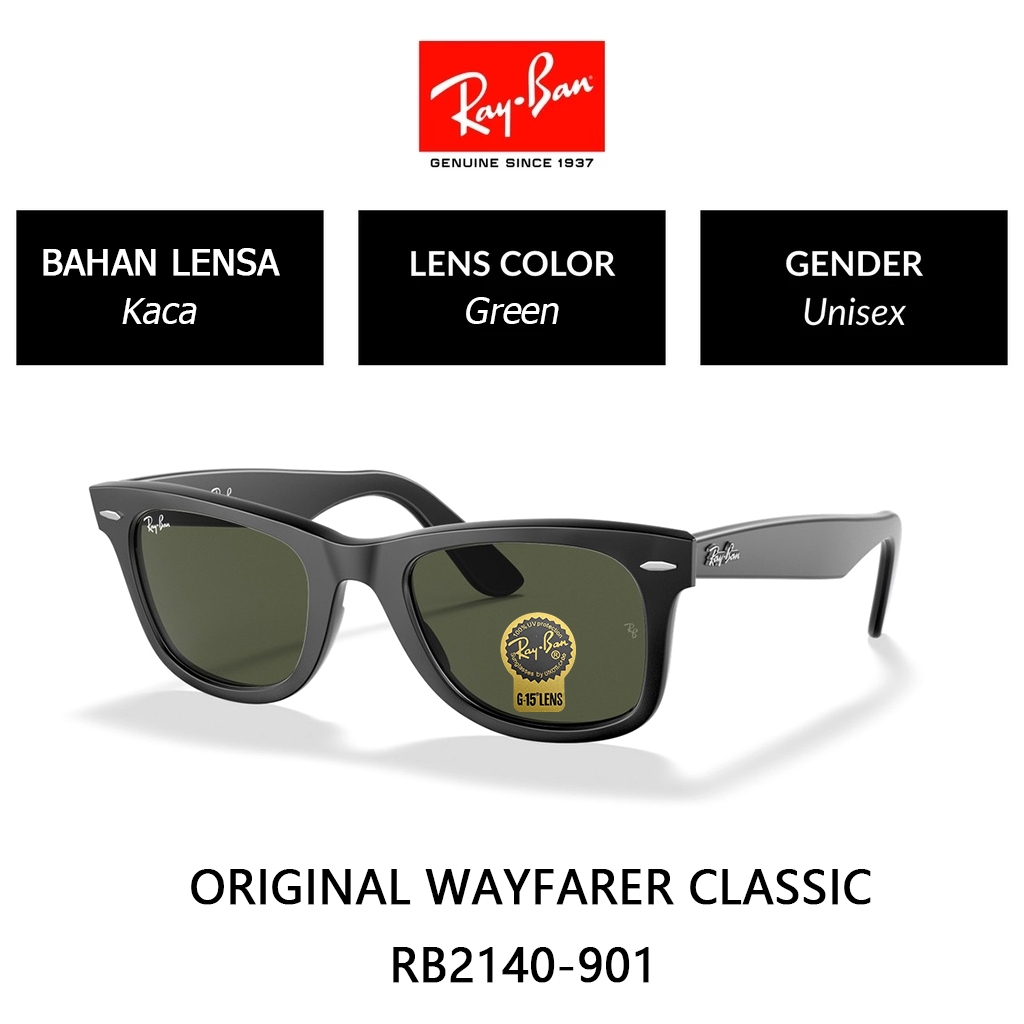 Kacamata Hitam RAY-BAN Wayfarer RB2140 pria wanita Black Green Original 100% lensa kaca UV Sunglasse