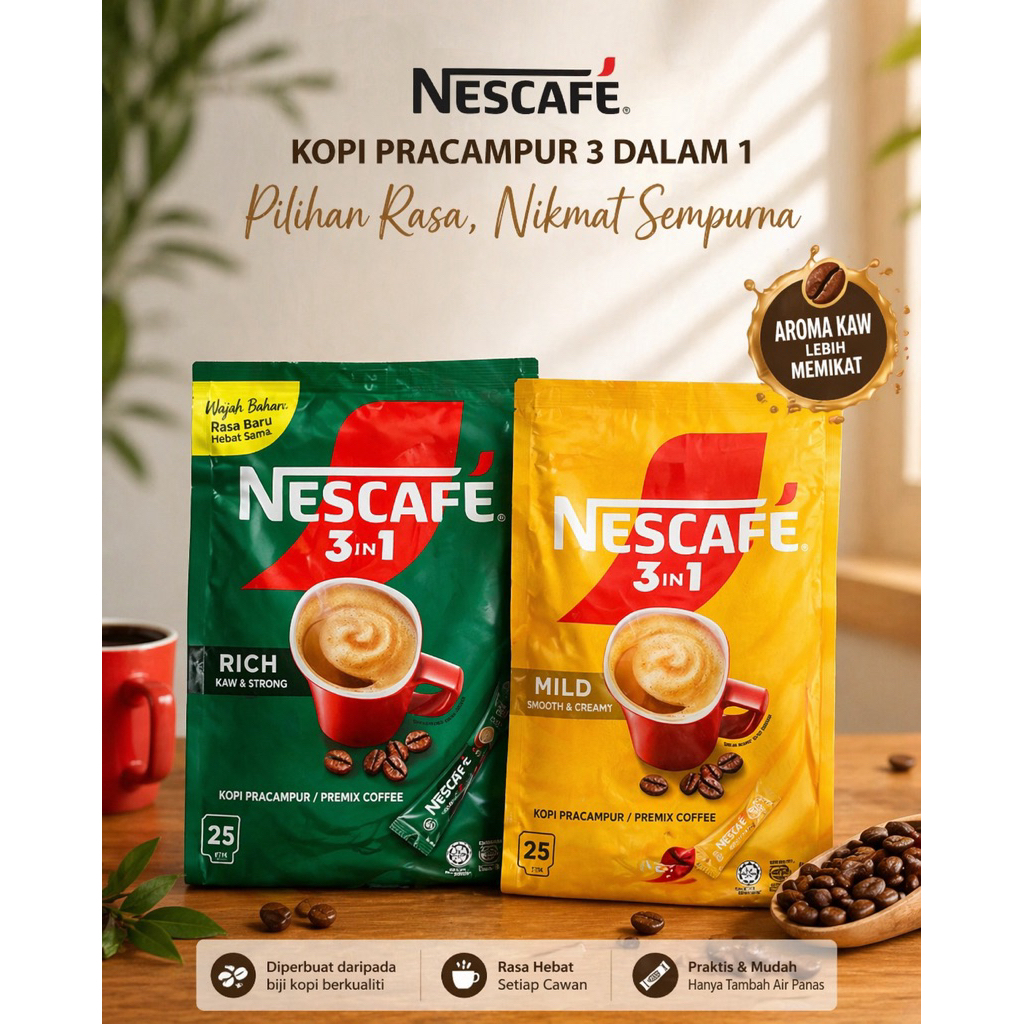 Nescafe 3in1 Coffee Instant Malaysia  isi 25 Sachets Kopi Rich Kaw & Strong / Mild Smooth & Creamy