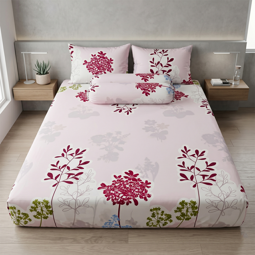 sprei motif  daun Gugur Warna Putih Bahan Katun Sutra Jepang Premium Quality