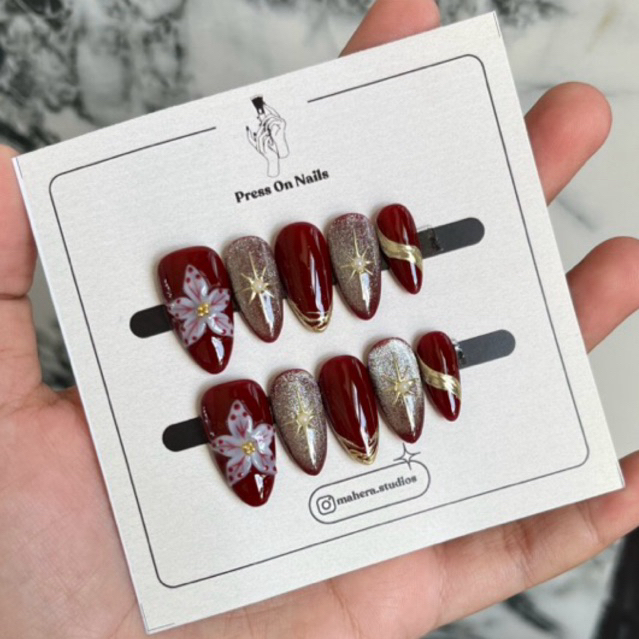 Fake Nails Press On  Nails Maroon Cateye Flower 3D Gold