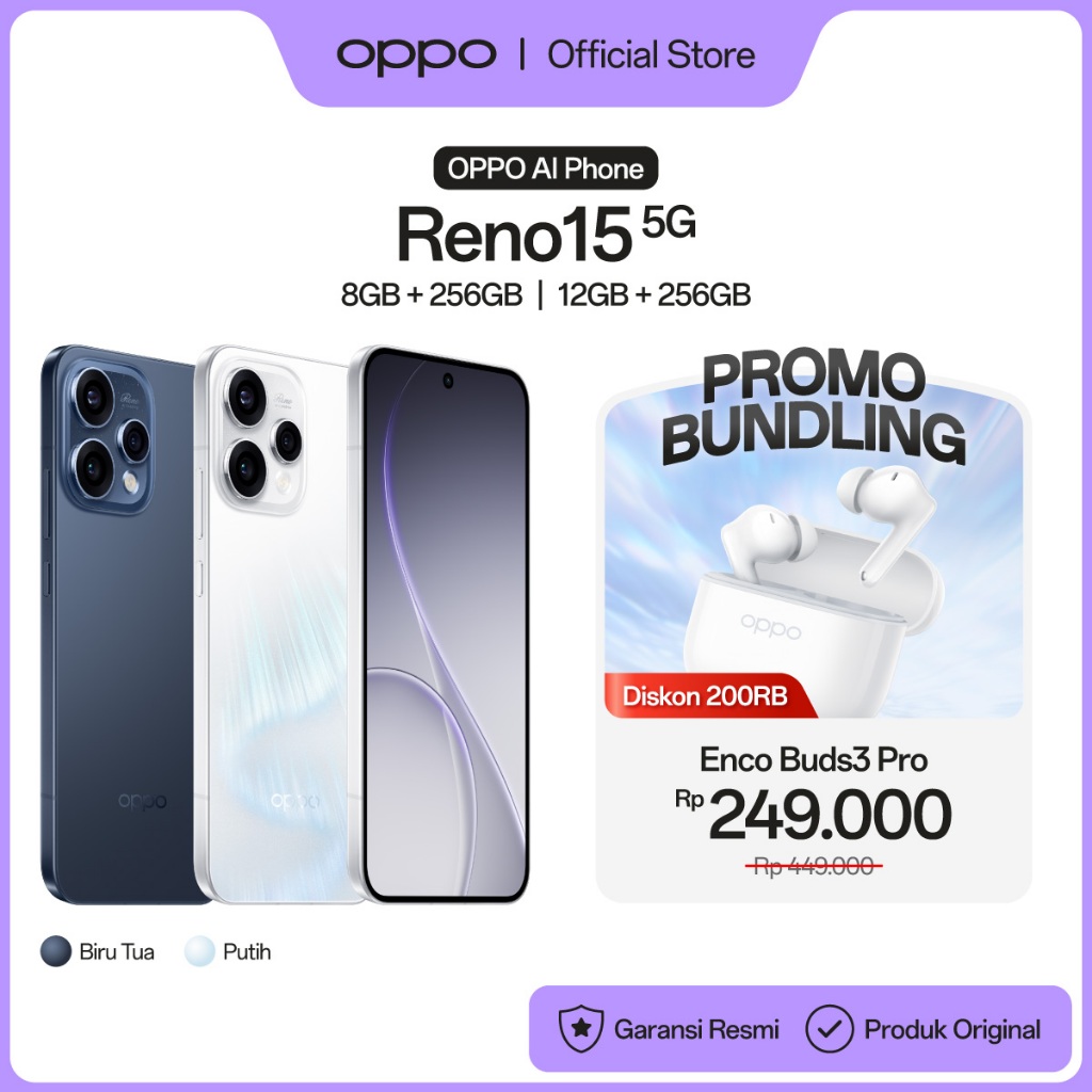 [BARU] OPPO Reno15 5G 8+256GB & 12+256GB [3.5x Telephoto Vibe Portrait, 6500mAh Battery 80W SUPERVOO