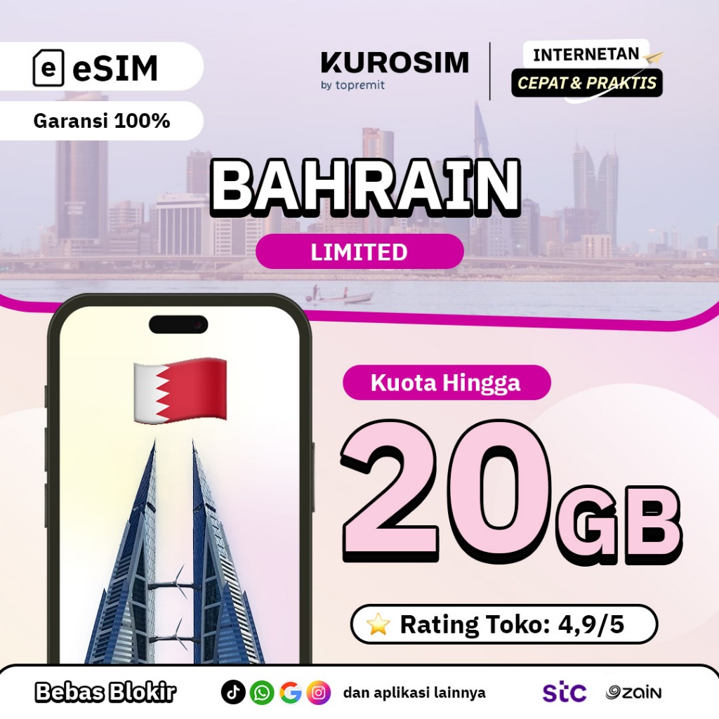 eSIM Bahrain Kuota Besar KUROSIM | Internet Travel Data Roaming Manama STC Zain 5G