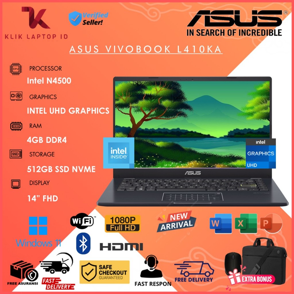 Laptop Termurah ASUS VIVOBOOK L410MA/E410KA Intel N4500 8GB 512GB SSD 14in FHD Win11 Home