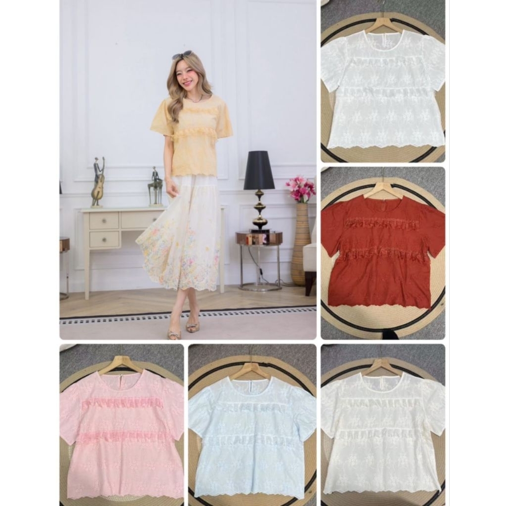 Atasan blouse katun bordir lace tangan pendek wanita top club bangkok bkk