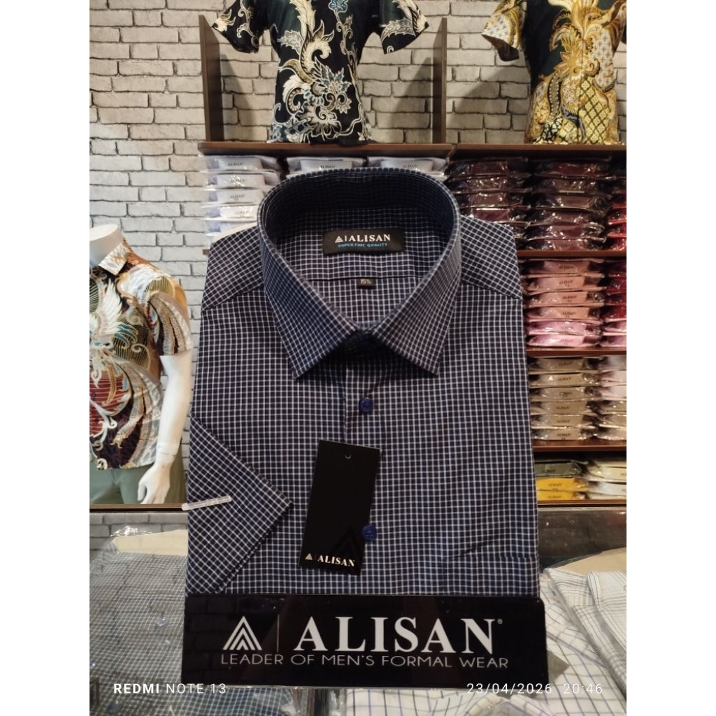 Kemeja Alisan Motif Kotak Kecil Biru Coklat Lengan Pendek Reguler