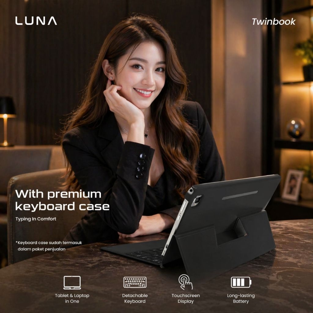 Tablet Luna Twinbook T10 4/64GB 4G LTE 10inch plus keyboard Android 12 garansi resmi Evercoss
