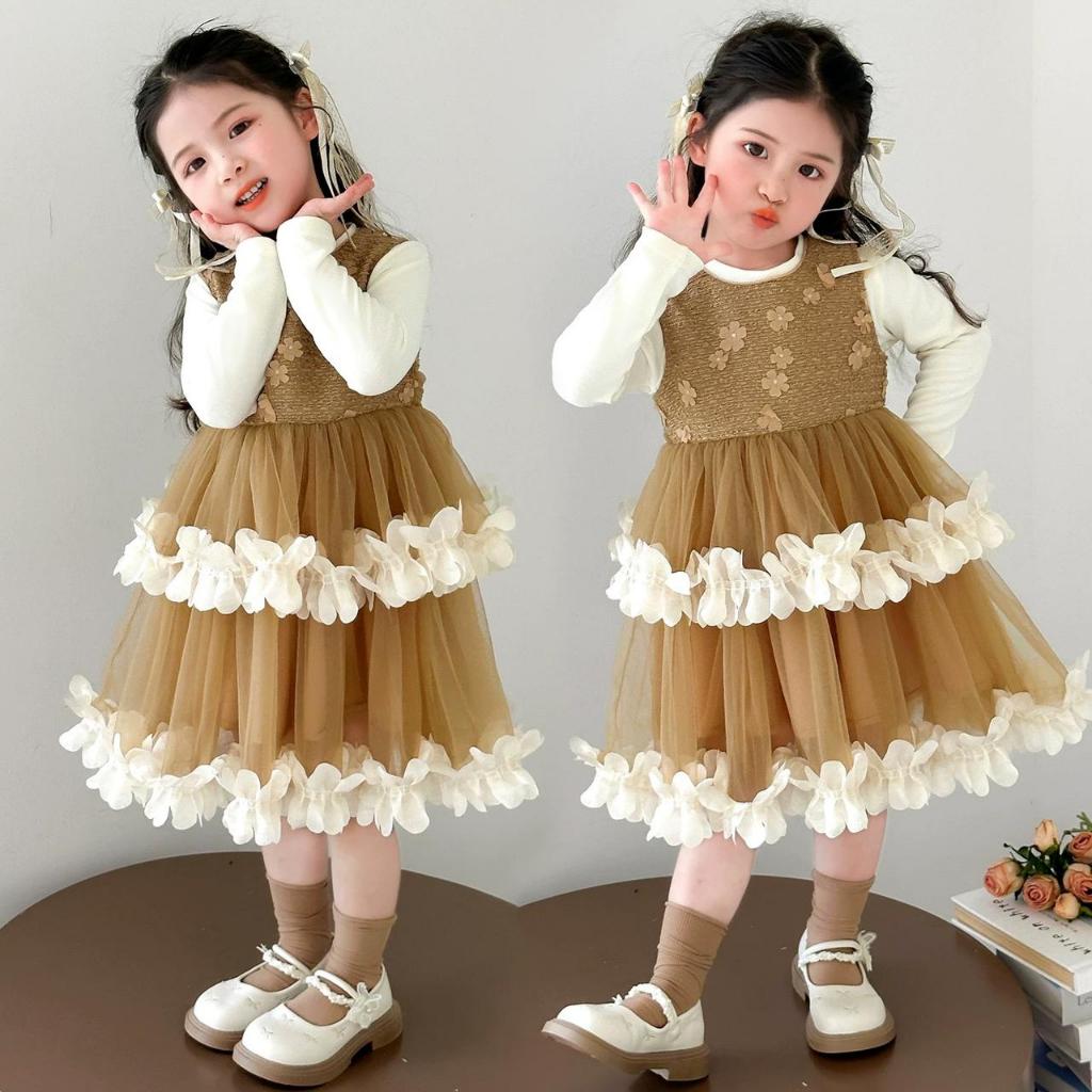 Dress Tweed Anak Perempuan Korean Style Usia 1-4 Tahun - Set Baju Kaos Lengan Panjang & Outer Tweed 