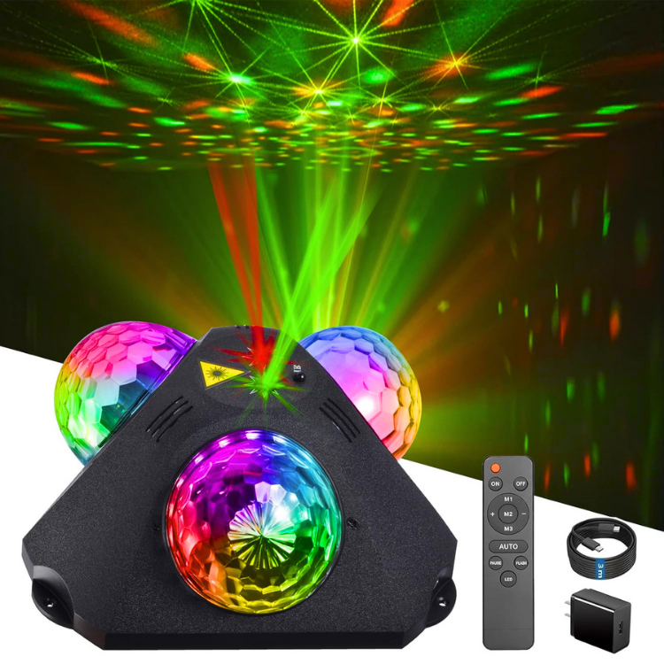 STAR Lampu Disco 3 bola laser sensor suara musik sorot Panggung acara Sound Control 9W RGB Control