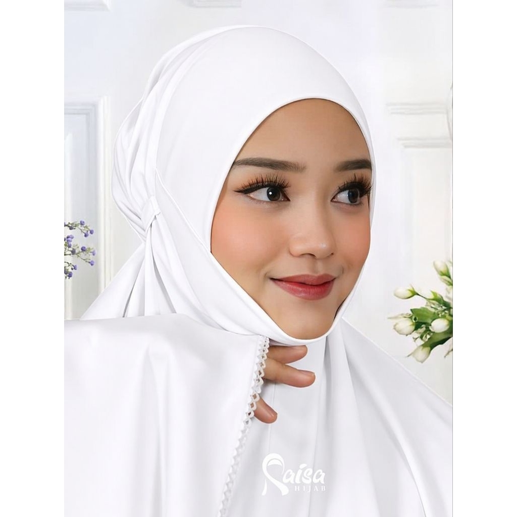 MUKENA WARNA PUTIH DAGU TERTUTUP BAHAN SILK PREMIUM/MUKENA UNTUK HAJI UMROH MENUTUP AURAT DAGU/MUKEN