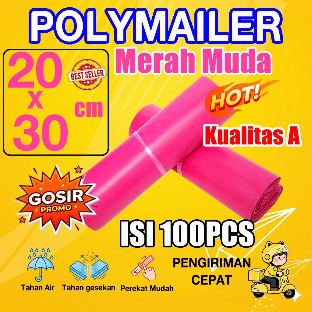 Stiker Polymailer Pink 20x30 cm  ISI 100PCS  Kualitas A Lem Super Grosir  Warna Merah Muda Packing B