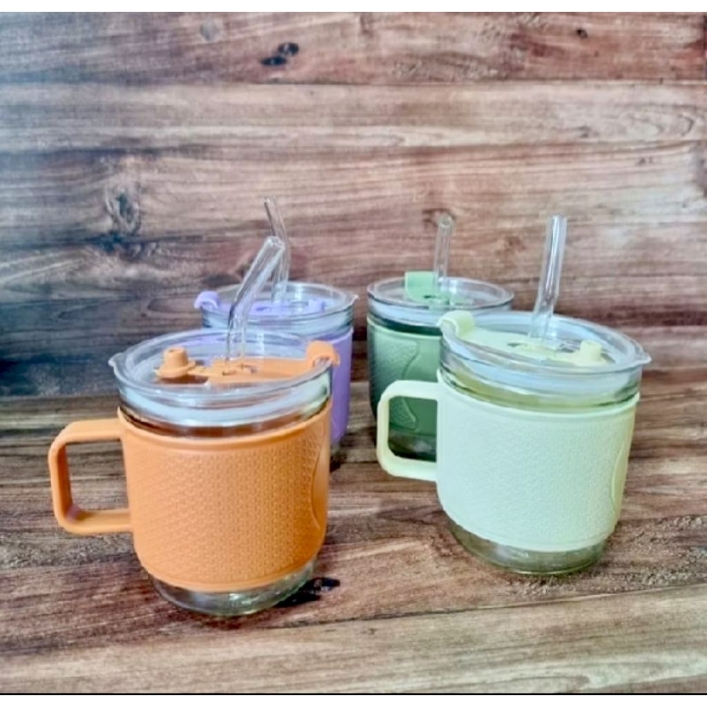 Gelas Kaca Tumbler Aesthetic Sedotan gagang warna
