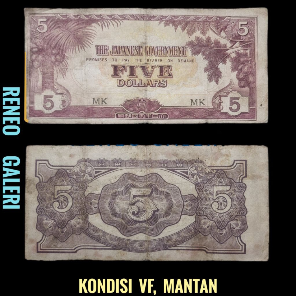 VF 5 Dollar Malaya Tahun 1942-1945 Five Dolar jaman pendudukan Jepang uang kertas duit lama asli ori