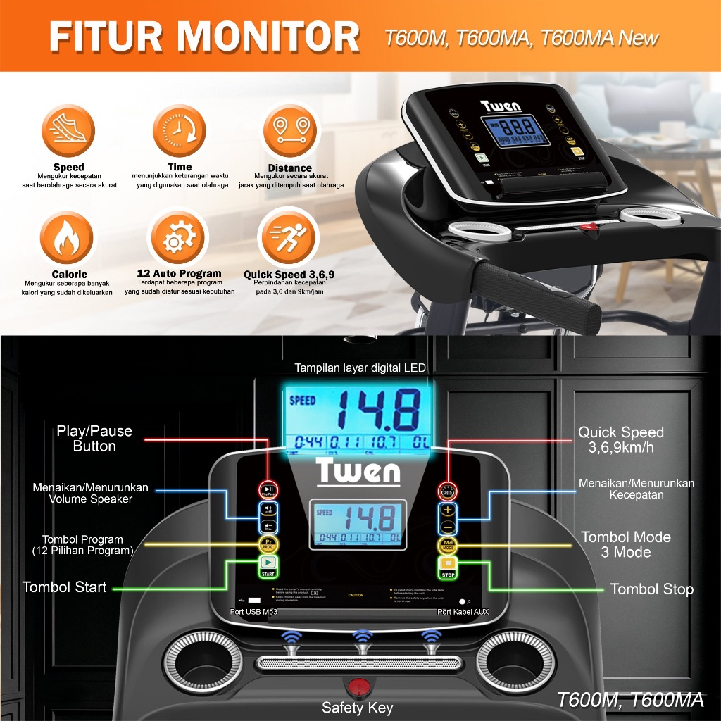 TWEN T600M T600MA series Treadmill Portable / Treadmill Electric Low Watt / Treadmill Elektrik Alat