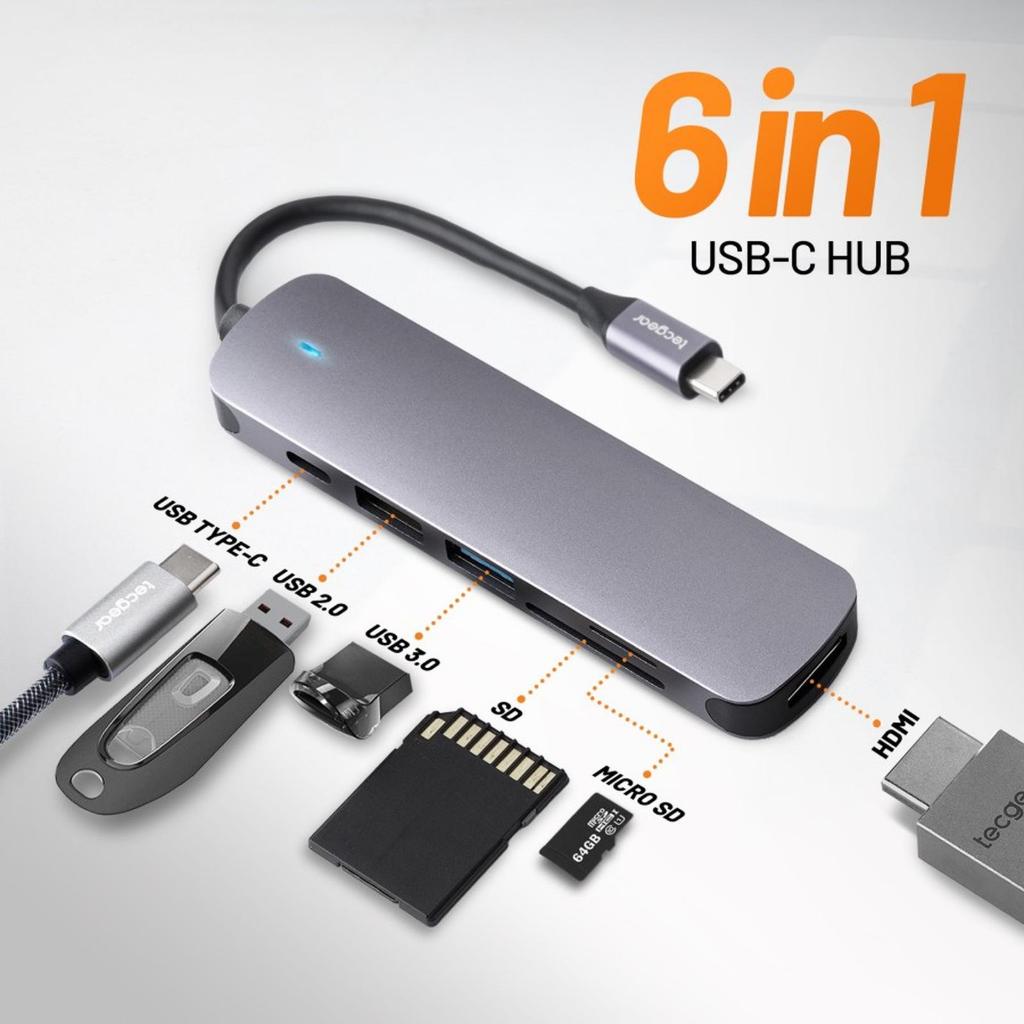 Tecgear 6-in-1 USB-C hub Silver
