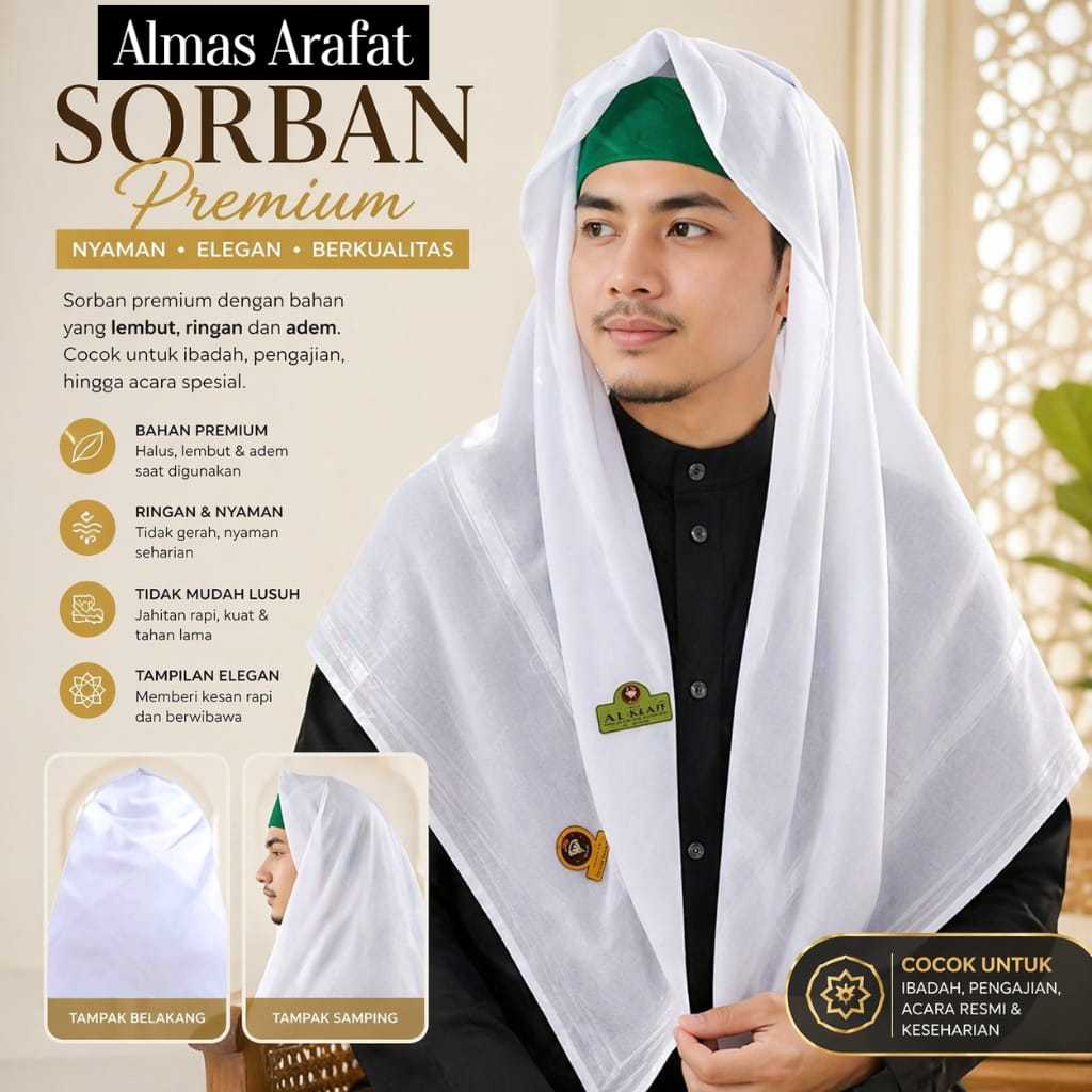 SORBAN PUTIH ALMAS GUTROH SURBAN SHIMAG / SORBAN SEGI EMPAT / SYAL SELENDANG IMAMAH