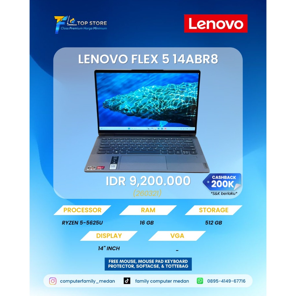 LAPTOP LENOVO FLEX 5 14ABR8 82XX X60 TOUCHSCREEN LAYAR 2K 60HZ RYZEN 5-5625U RAM 16GB SSD 512GB-GARA
