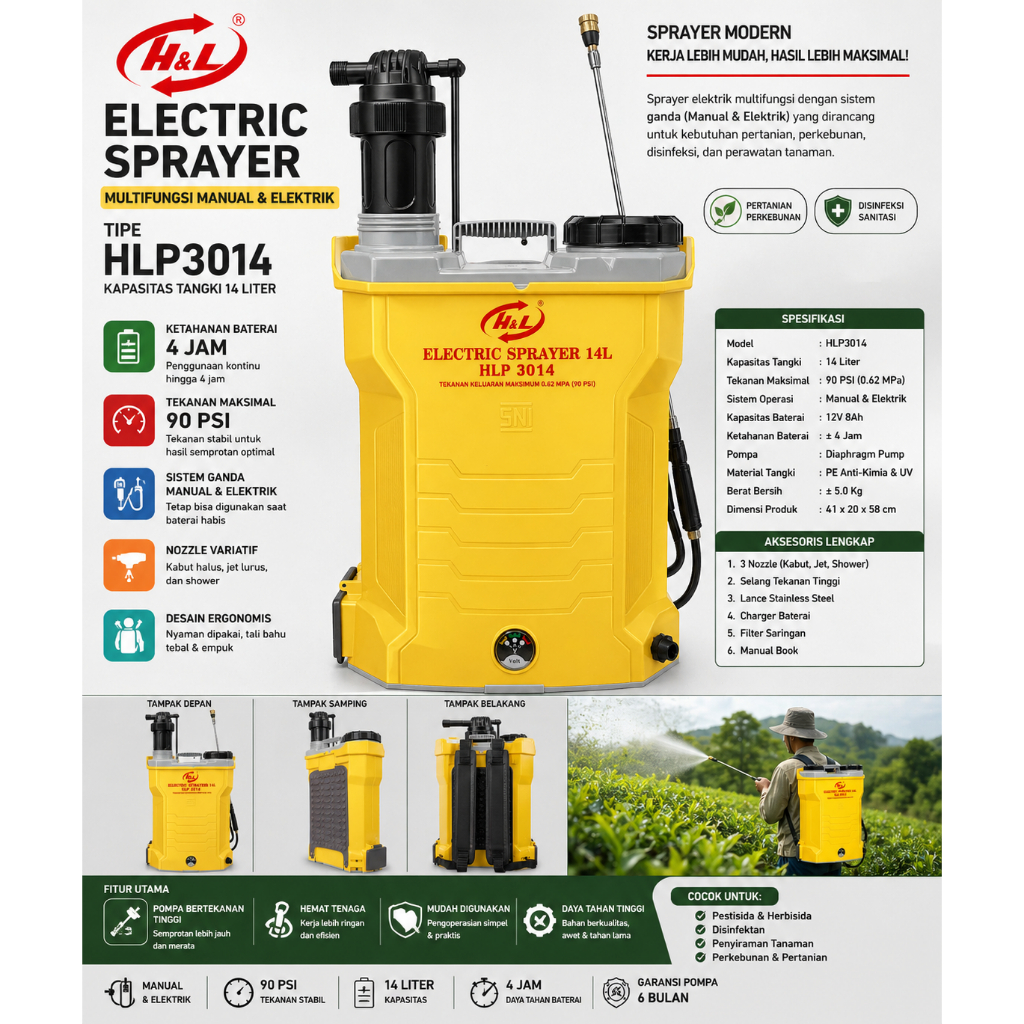 HNL SPRAYER HAMA ELEKTRIK 14 LITER TIPE HLP 3014 SPRAYER MULTIFUNGSI MANUAL ELEKTRIK  @SAKA08