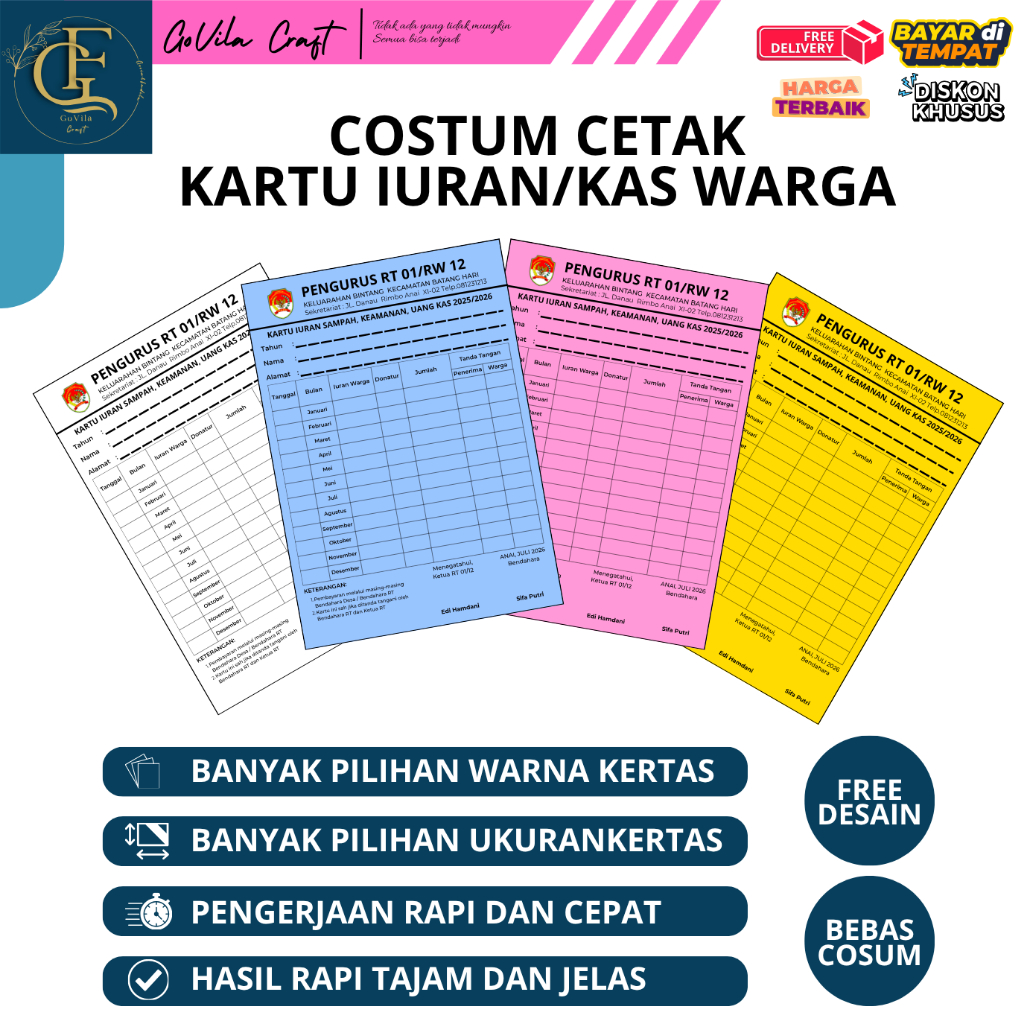 Cetak Kartu Iuran Warga Kas, Dll (Costum Free Desain) Keras Putih Biru Pink Kuning