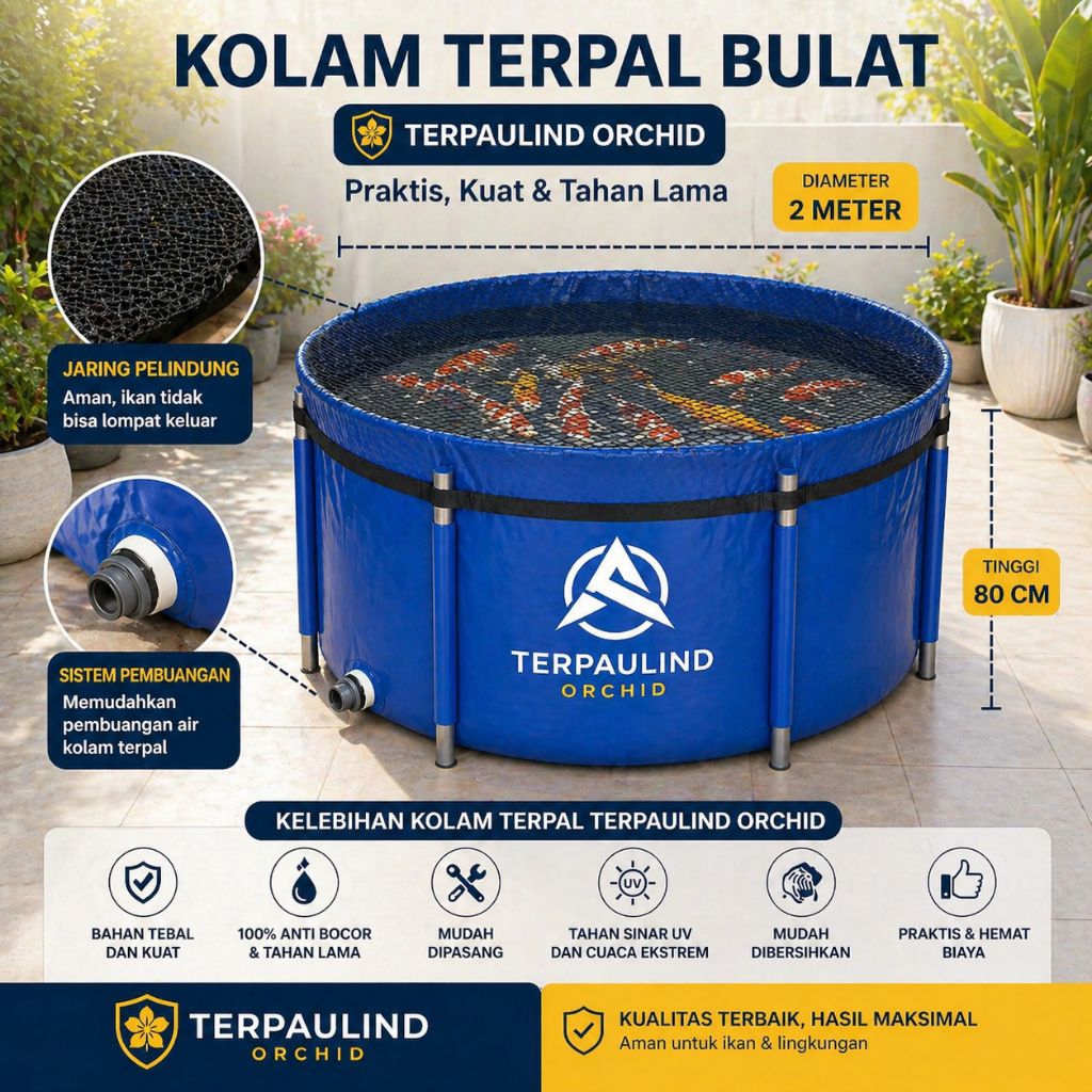 Kolam Terpal Bulat Diameter 2M Full set Untuk Ikan Bentuk Bulat Vat Merk Orchid Full set Kerangka