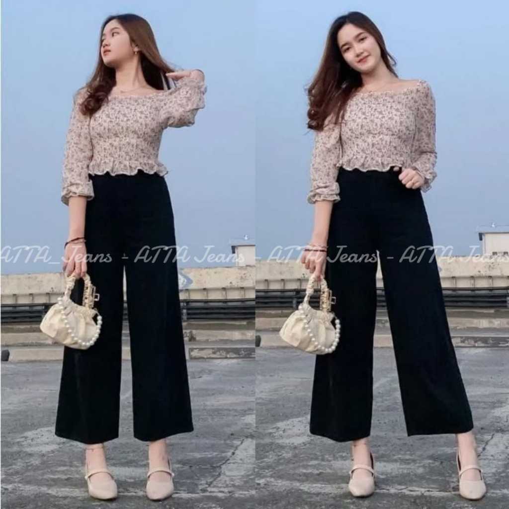 MOZZA JEANS CULLOTE // KULOT JEANS MOZZA WANITA WARNA HITAM CREAM