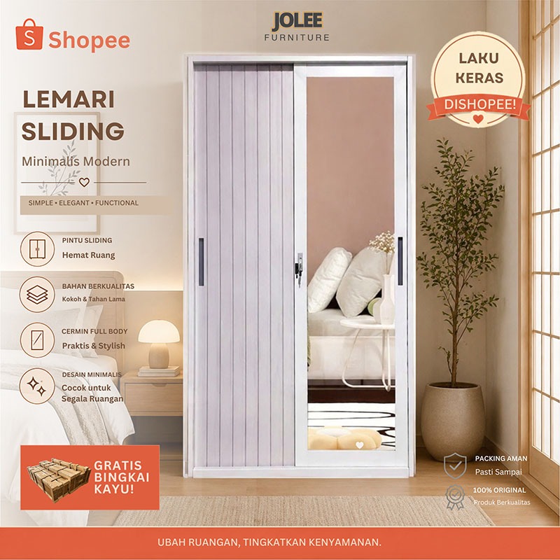 JOLEE-Lemari Pakaian Besi Lemari Pakaian Pintu ganda biasa 85cm 2 pintu 1 Hanger Cermin Minimalis