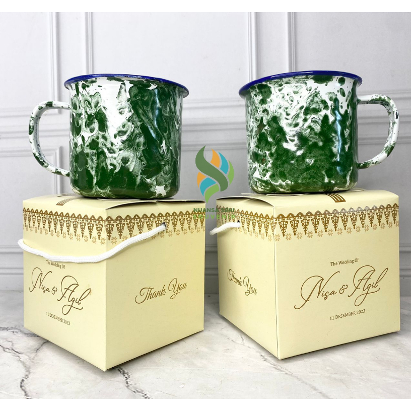Souvenir Antik Gelas Minum 200ml Cangkir Enamel Blurik 7cm Mug Gagang Enamel Motif Sablon Custom