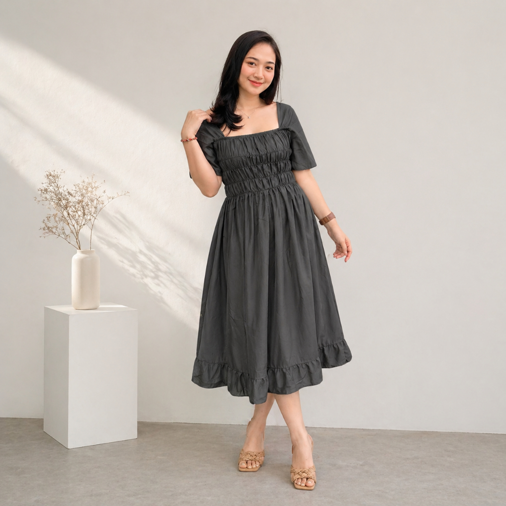 Daster Naura Elsa Smock Dress Bali Polos Pinggang Kerut Dada Karet Serut Wanita Cewek Jumbo Terbaru