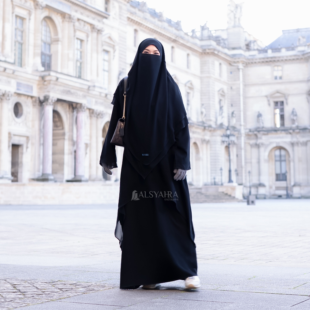 Alsyahra Exclusive - Khiban French Khimar Lancip V Ayumi 2 Layer Sifon Silk Jetblack Arab L
