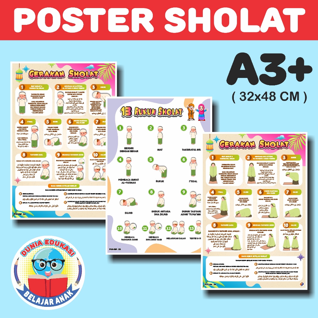 Poster Sholat || Poster Gerakan Sholat || Poster Rukun Sholat || Poster Edukasi Anak Islami