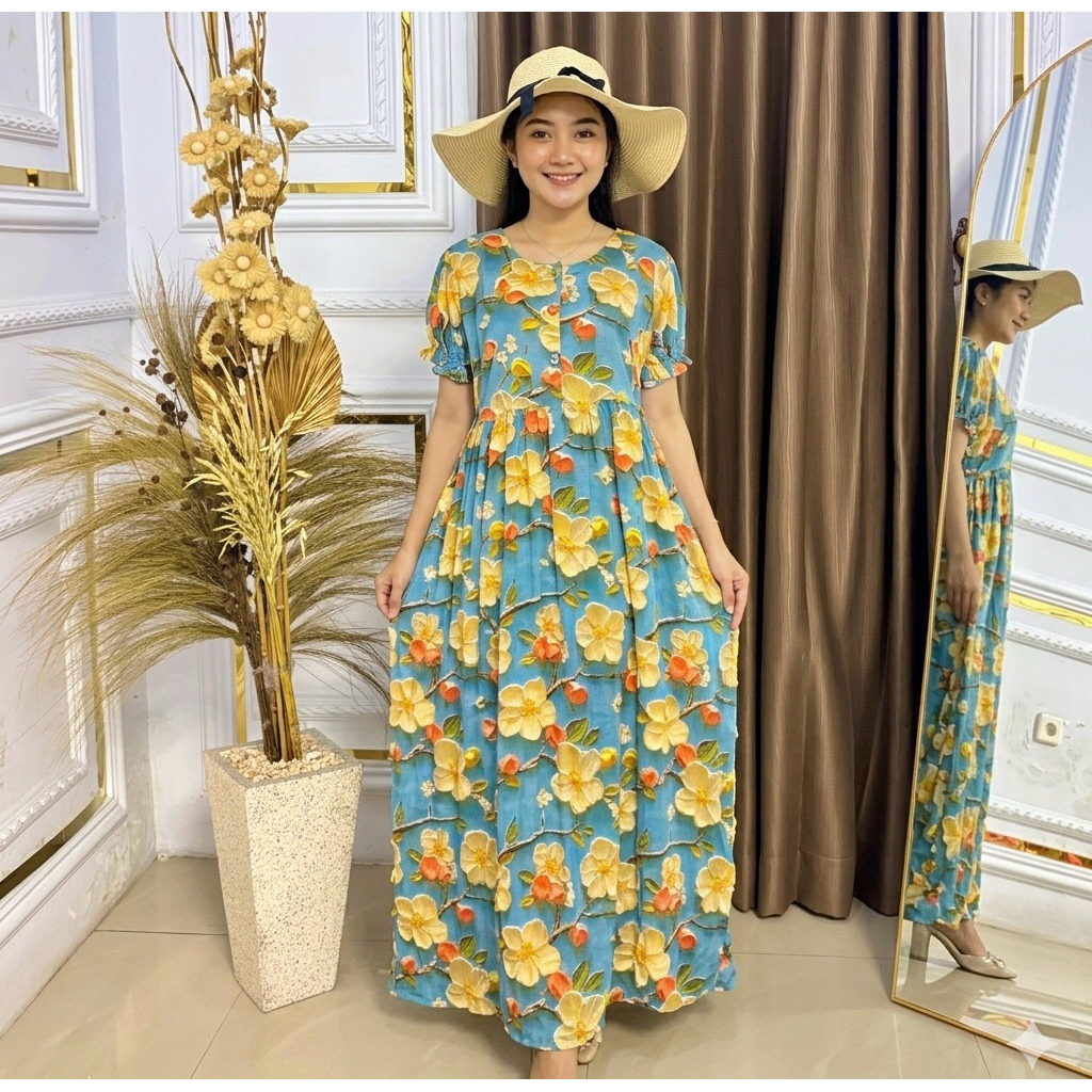 YUKI DRESS DASTER MOTIF RUFFLE  TALI SAMPINGBUSUI DAN BUMIL
