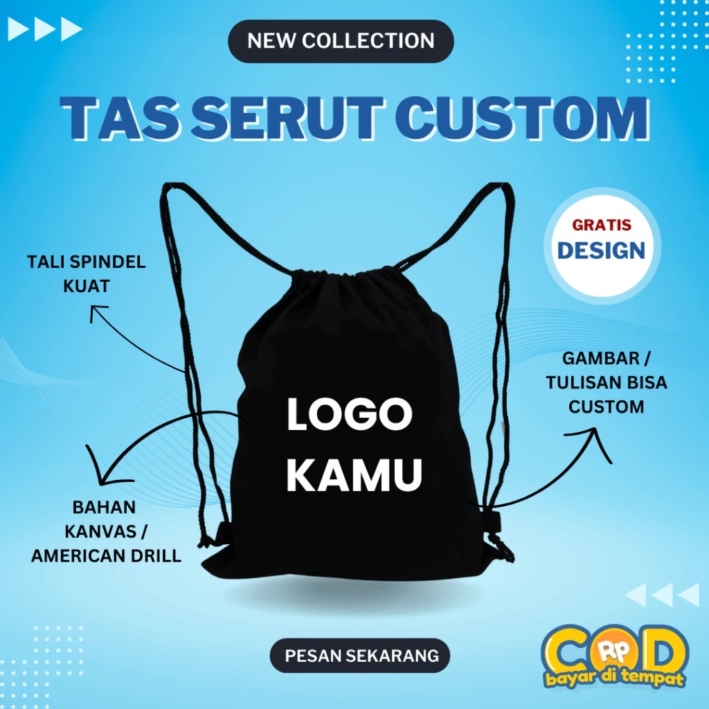 Tas Serut Taslan Drawstring Waterproof STRING BAG punggung Ransel Distro LOGO TULiSAN NAMA FOTO GAMB