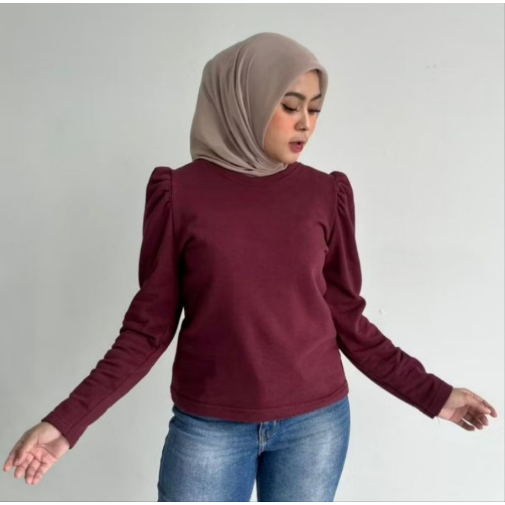puffy shoulder top/kaos lengan panjang balon wanita/inner puffy atasan rib knit polos wanita