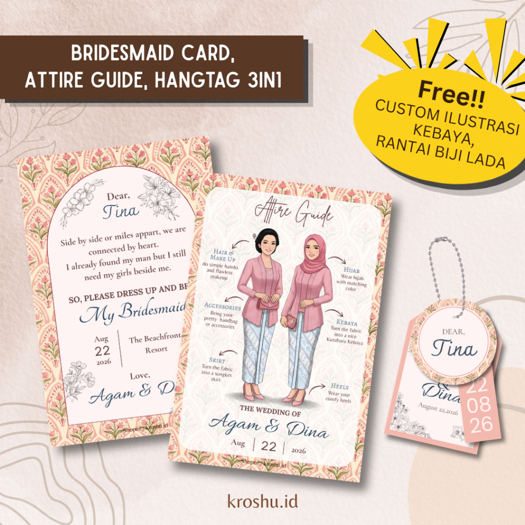 Bridesmaid Card, Attire Guide Card, Hangtag Bridesmaid, Kartu Bridesmaid Pernikahan by Kroshu (Pink 